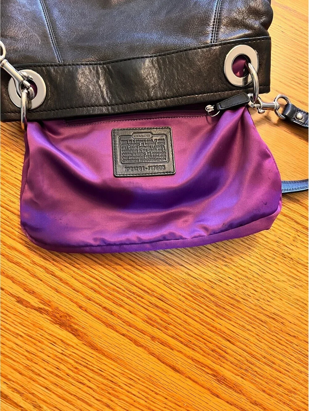 Coach Black Leather Shoulder Bag with Purple Interior